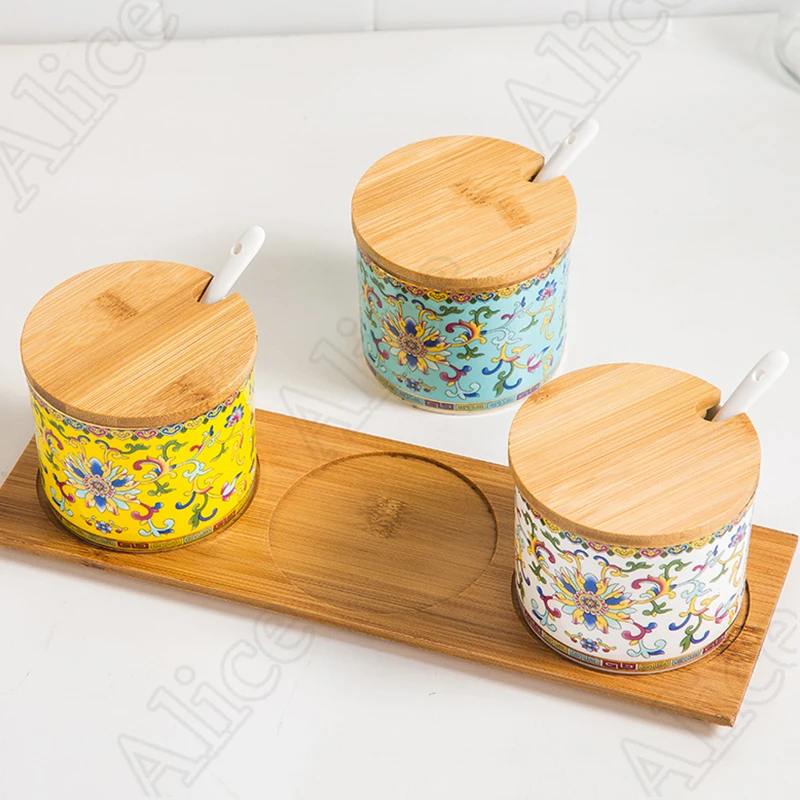 Jingdezhen Enamel Color Spice Jars Set with Tray Chinese Style Kitchen Canister Sets Ceramic Seasoning Organizer 4-piece Set