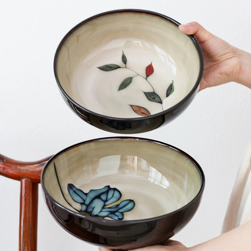 Tazón grande de cerámica de 9 pulgadas, estilo retro, para sopa, fideos, olla caliente de Sichuan, sopa picante, uso diario, forma redonda