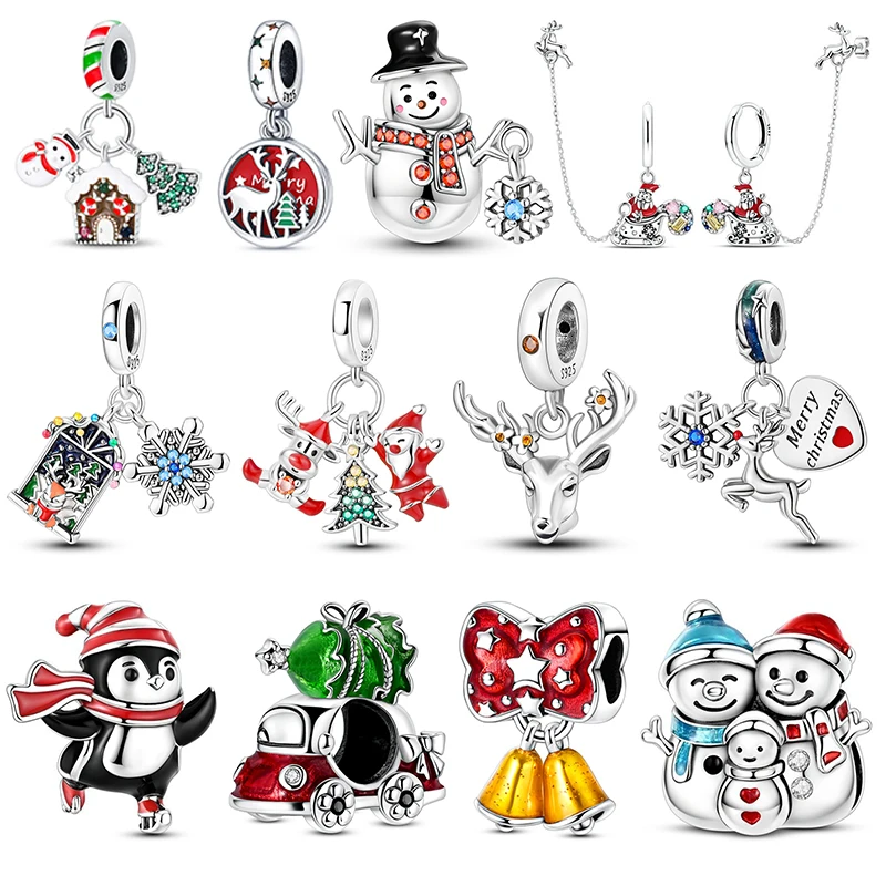 S925 Sterling Silver Christmas Charms Snowman Gingerbread House Reindeer Bell Dangle Beads DIY Bracelet Jewelry Women Xmas Gift