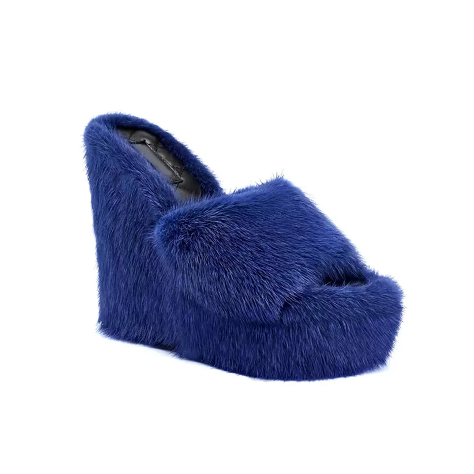 Mink Fur Slippers Women's Wedge Heel Shoes Women High-heeled Furry Sandals Fashion Outdoor   Shoes Women Slippers Furry Slides