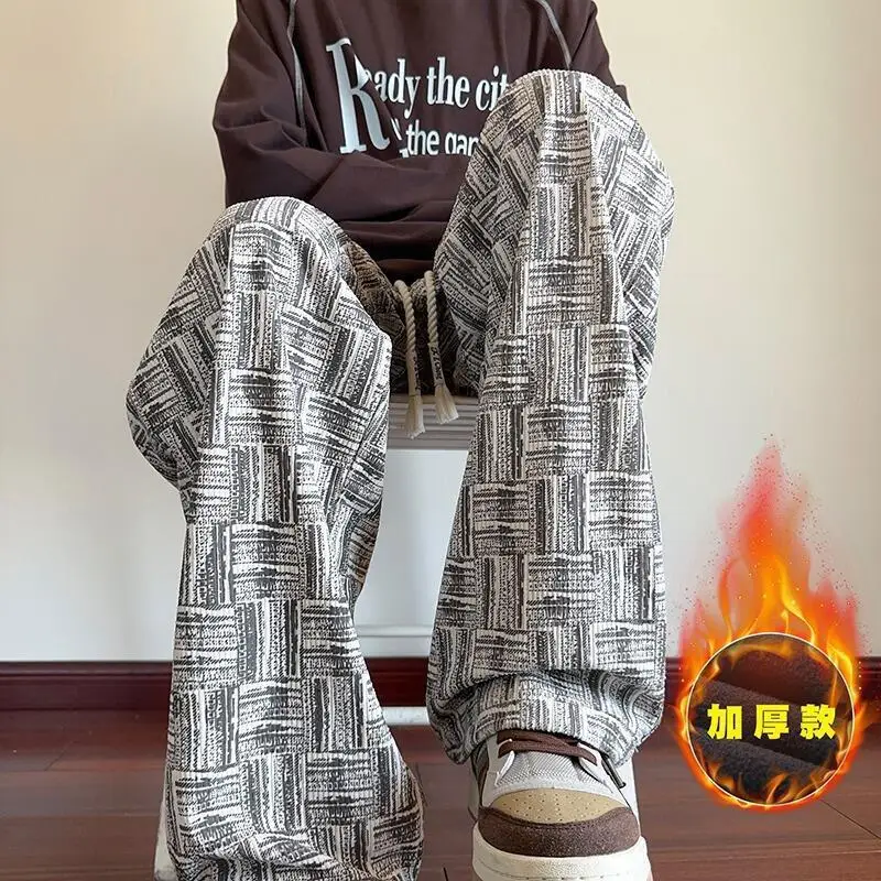 ملابس الشباب الشتاء ملابس رجالية السراويل الرجالية Sweatpants الشارع الشهير أوم الترفيه فضفاض وزرة الصوف مبطن السراويل الرجال Y2K