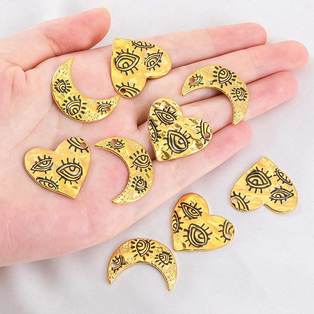 

2pcs Stainless Steels Gold Plated Moon Heart Necklace Charms Evil Eye Engraving Pendant DIY Earring Jewelry Findings Accessories
