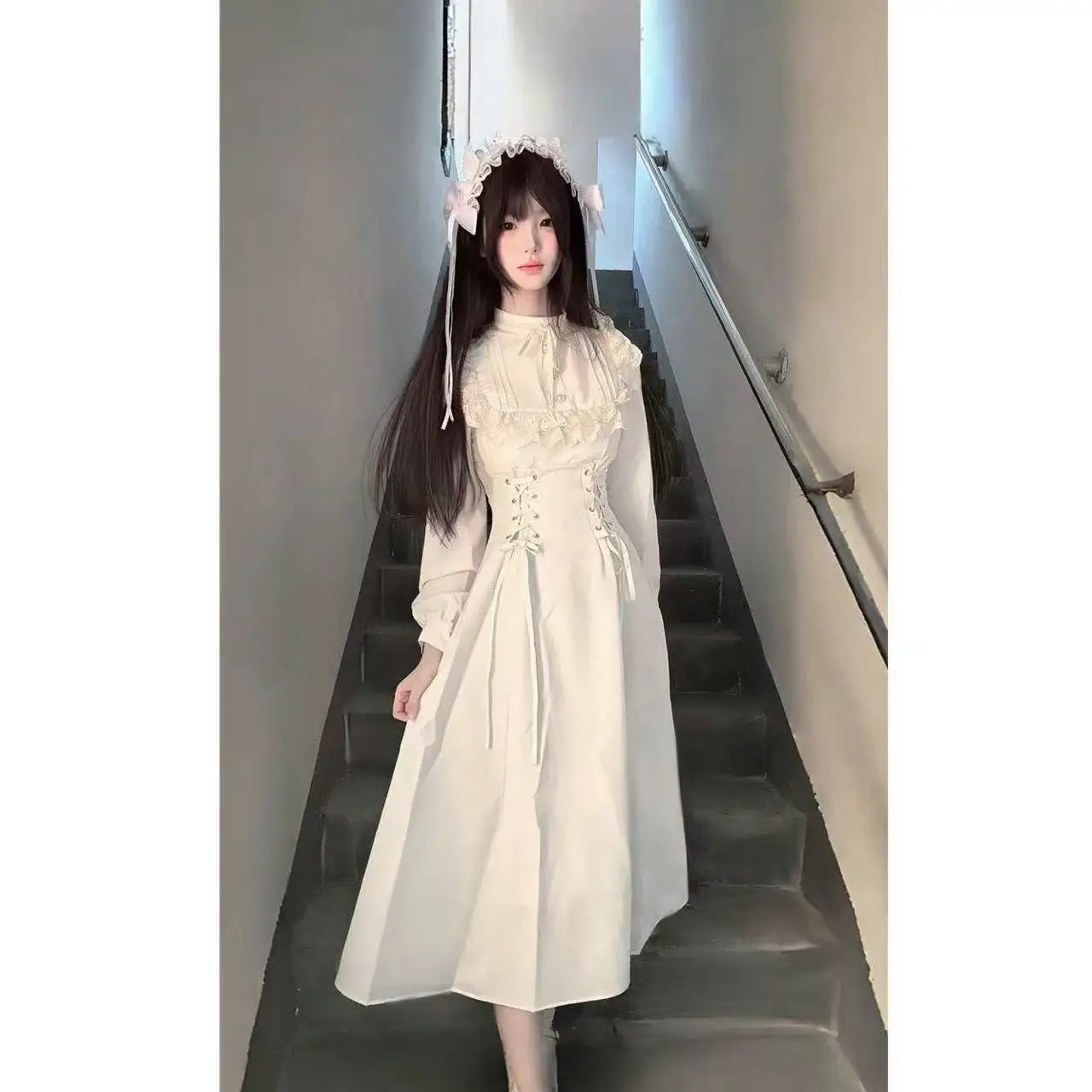 เดรสลายสก๊อตสไตล์ฝรั่งเศสแบบย้อนยุค ดีไซน์สองชิ้นหลอกตา สำหรับผู้หญิง แฟชั่นลำลองสไตล์เกาหลีญี่ปุ่น กระโปรงยาว