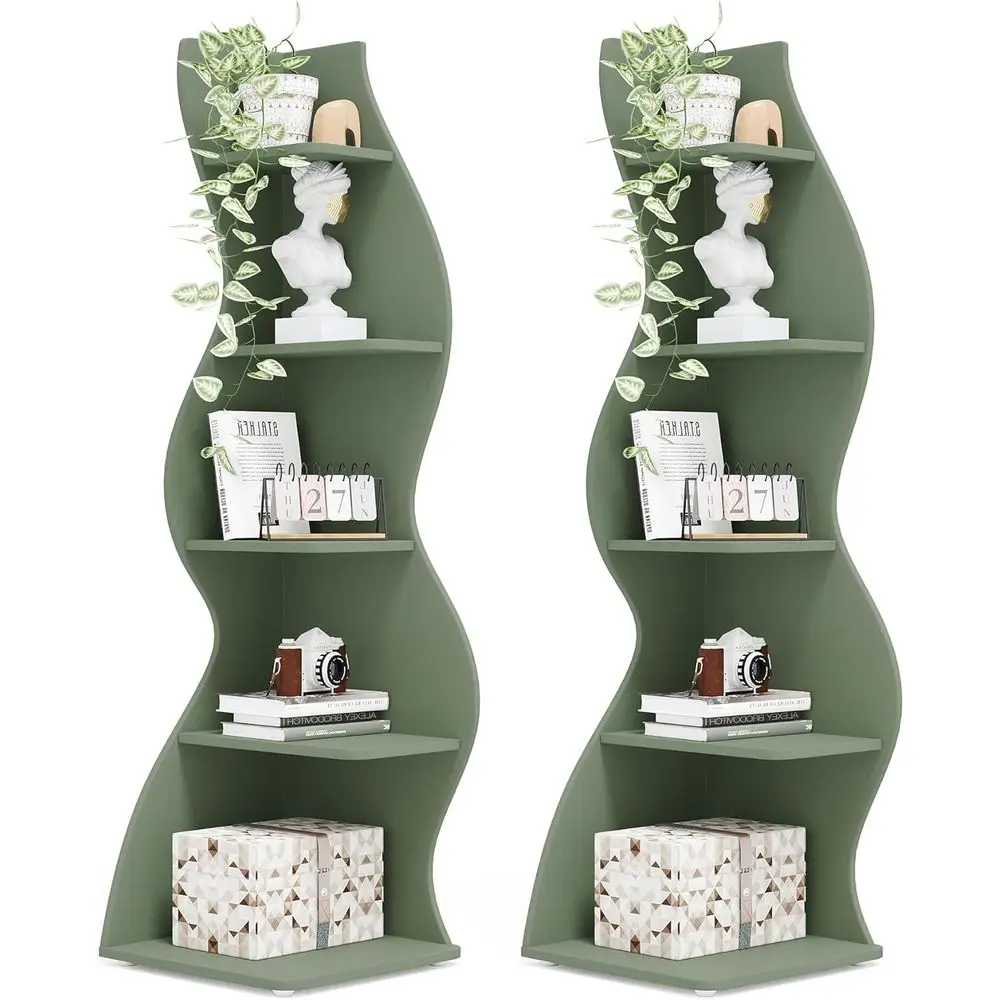 Contemporary 5-Tier Corner Bookshelf, Sage Green, Set of 2, for Home & Office Storage and Plant Display