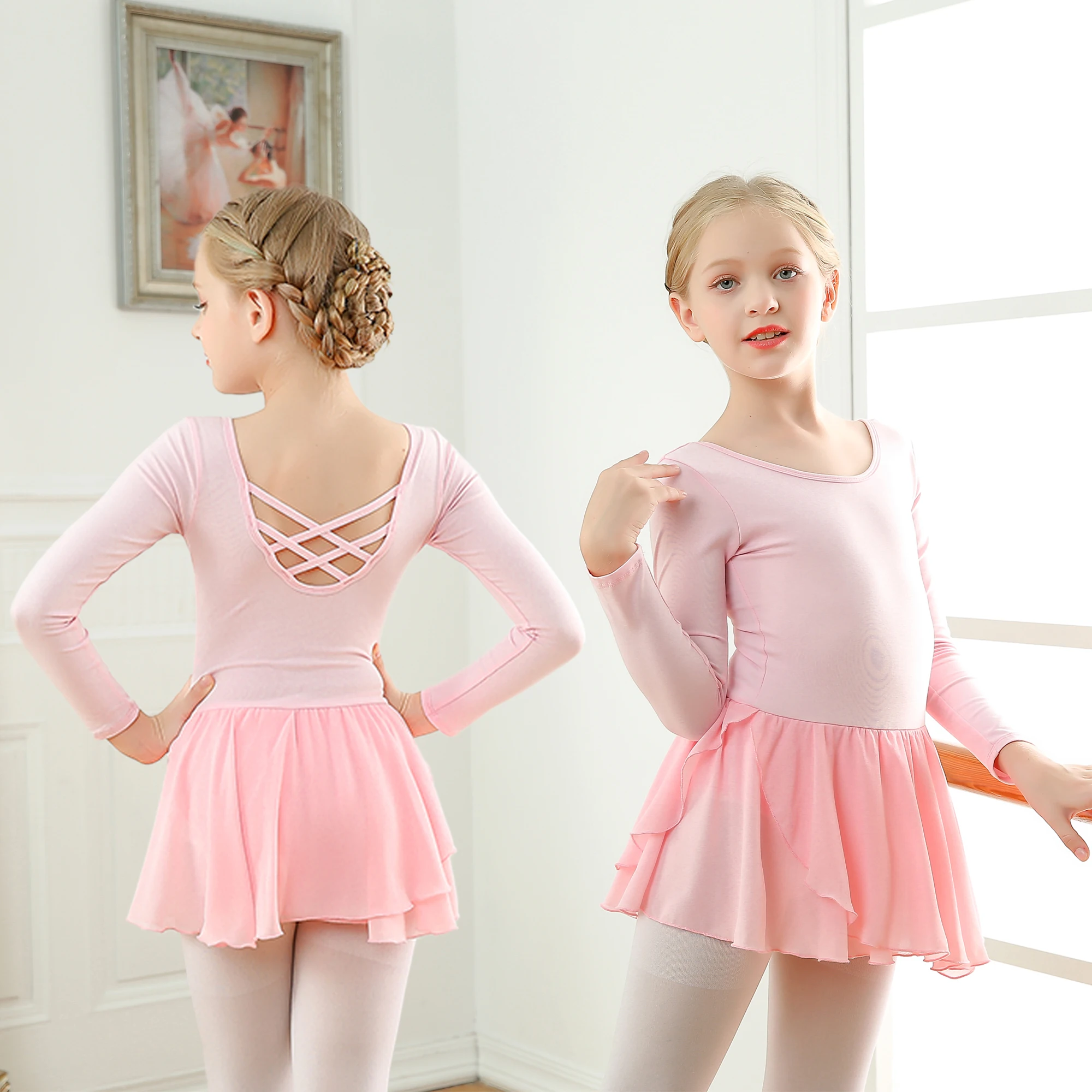 Justaucorps de Ballet à manches longues pour filles, avec jupe, robe de danse croisée dans le dos creux, vêtements de Ballet pour tout-petits