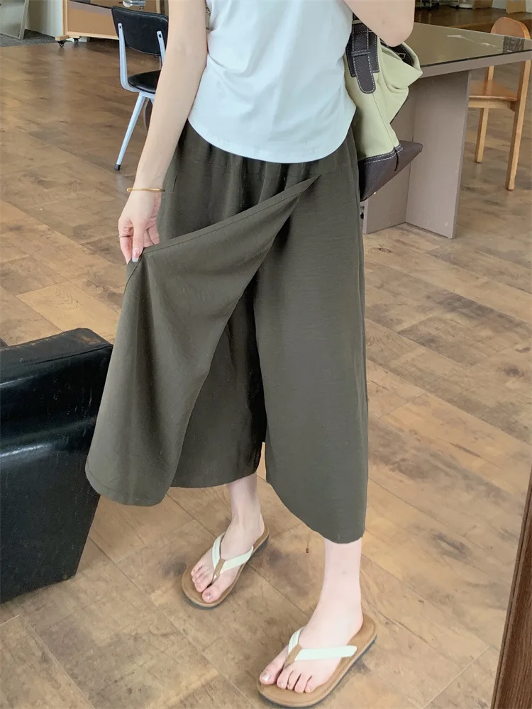 

Широкие брюки Коричневые женские летние модальные курортные универсальные легкие модные струящиеся регулируемые эластичные шикарные простые брюки