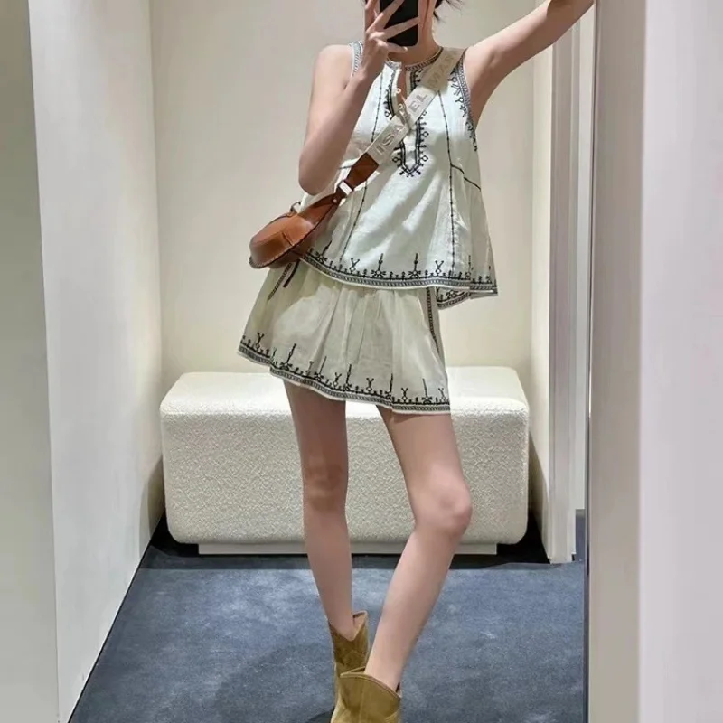 

Bohemian Style Embroidered round Neck Short Set Cotton Blend Spring Summer New Arrival Women's Fashion Two-Piece Suit