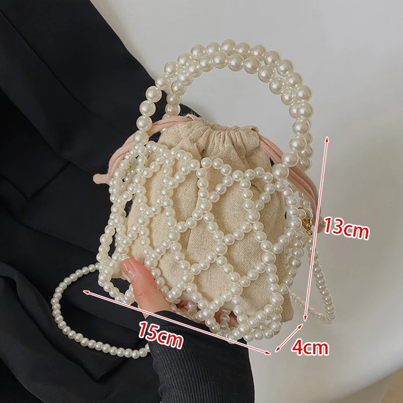 Lady Basket Handbag Summer Pearl Hollow Beaded Bag Bohemia Beach Travel Pearl Bag Holiday Woven Bag Small Square Bag