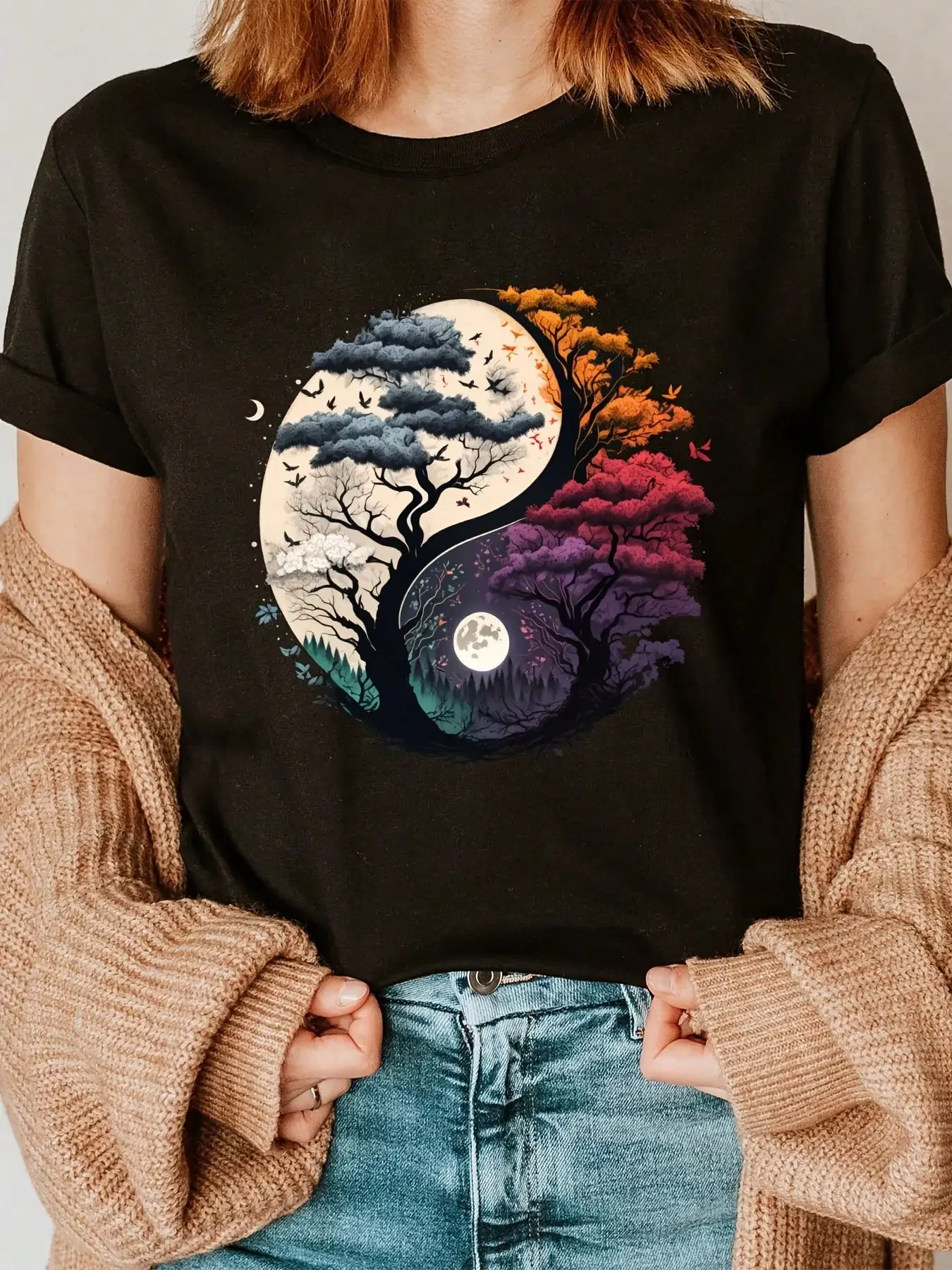 Trendy Women's Spring Summer Yin Yang Tree of Life Casual O-Neck Regular Tee Shirt Graphic T Shirts Women Clothing