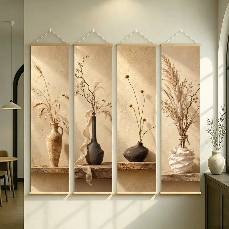 Wall Decor Barley and Billy Button, Serene Wabi-Sabi Botanical Silver Shimmer Canvas Hanging Scroll for Yoga Studio Decor