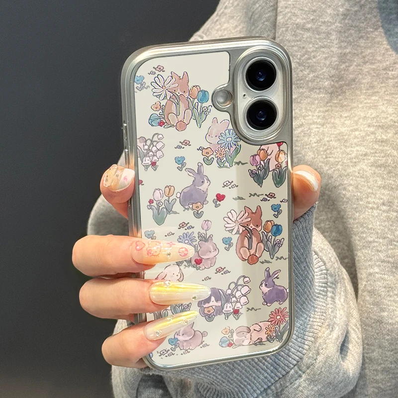 Für iPhone 11 12 13 14 15 16 17 Pro Max Plus ins Little Rabbit und Flower transparente TPU-Spiegel-Handyhülle für iPhone 17 Pro