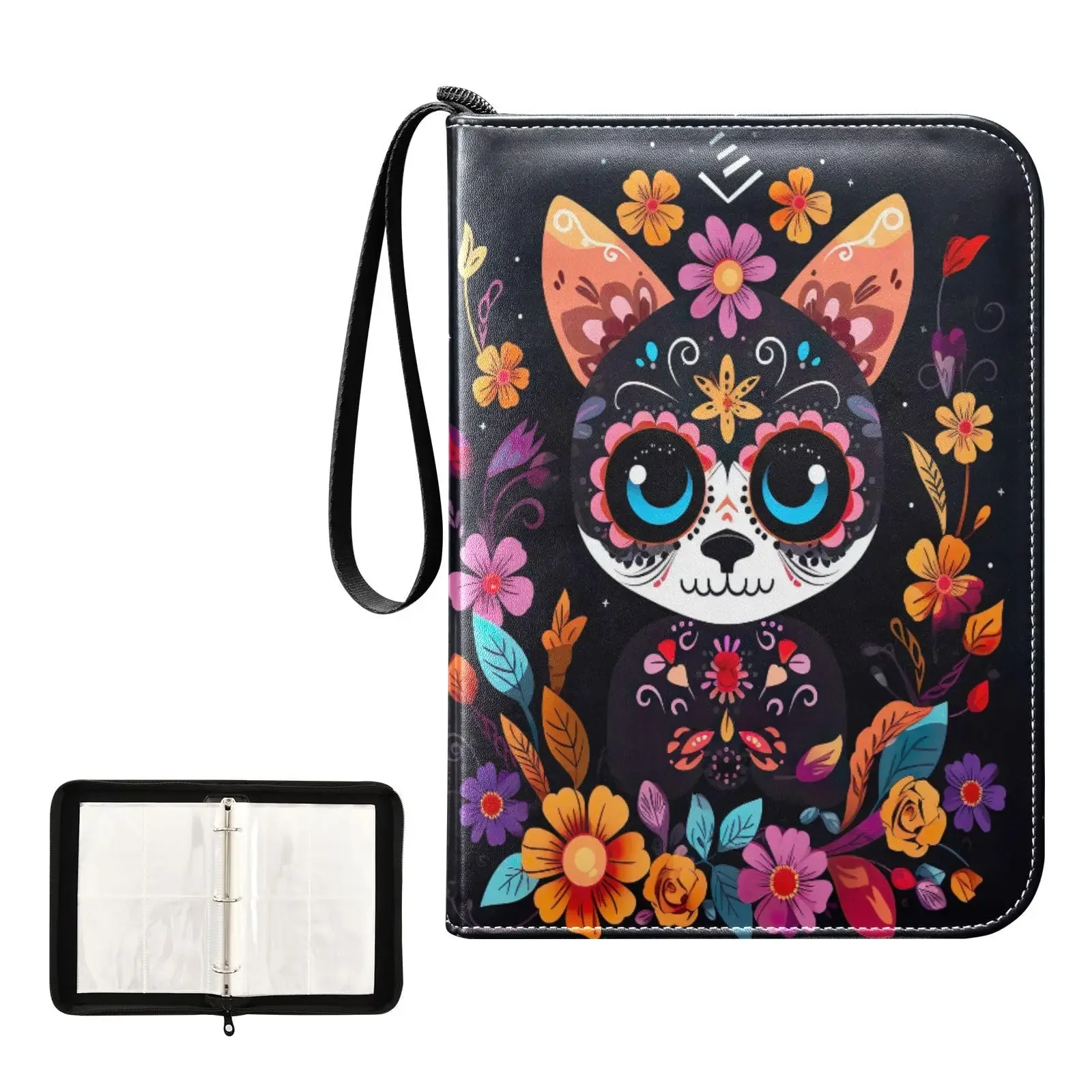 

Папка для карточек с 4 карманами Sugar Skull Cat Flower, 400 двусторонний карманный альбом для спортивных игровых карточек, уникальное хранилище для коллекции карточек