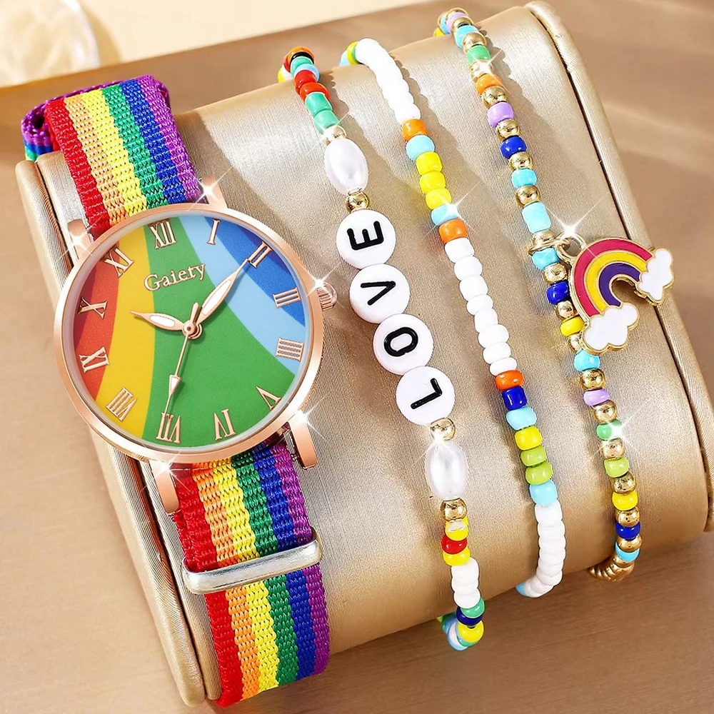 4PCS Women's Trendy Watch Set, Fashionable and Personalized Rainbow Elements Quartz Watch Bracelet Set, Perfect Gift