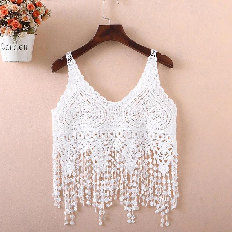 Summer 2023 Pure Color Lace Tassel Vest Strap Hollow out Slim Fit Overhead ort Coat Small awl Top Sweet Sle Polyester