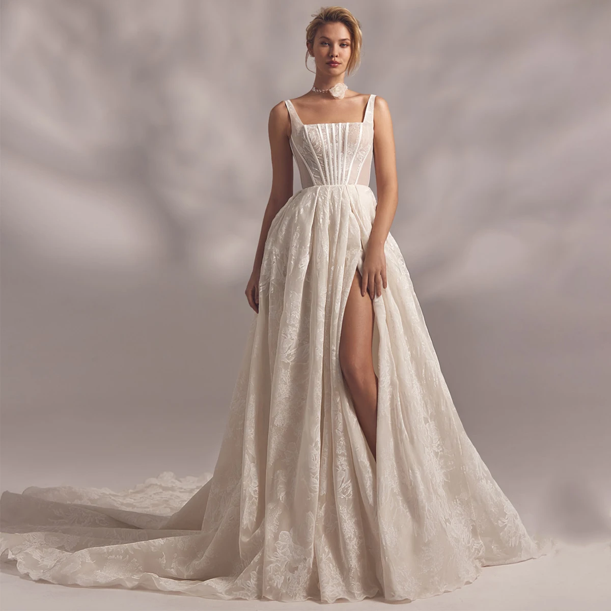 

Romantic Pleated Lace Wedding Dress With Train High Slit A Line Ball Gown Long Bridal Party Gown For Women Vestido Novia