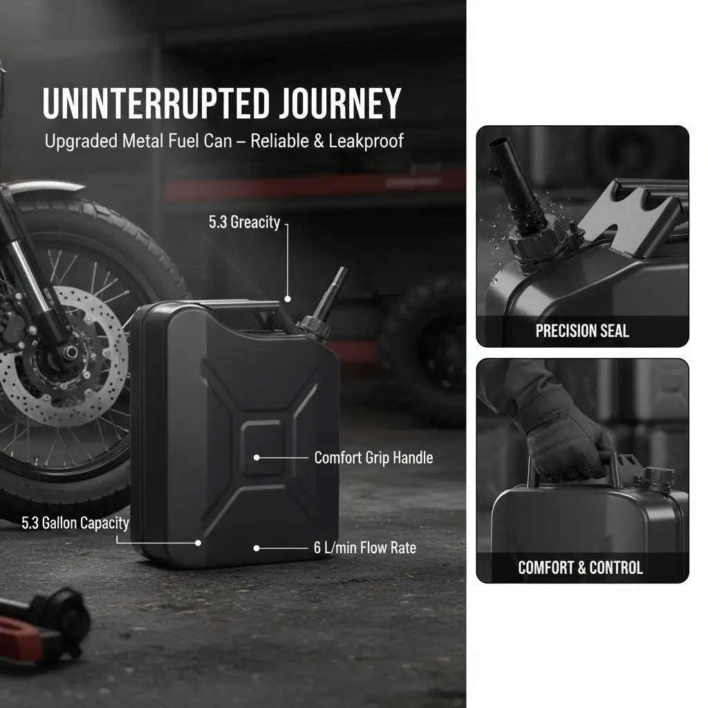 

Metal Fuel Container 5.3 Gallon For Car Motorcycle ATV, Leakproof Corrosion Resistant Steel Tank, High Flow Spout Comfort Han