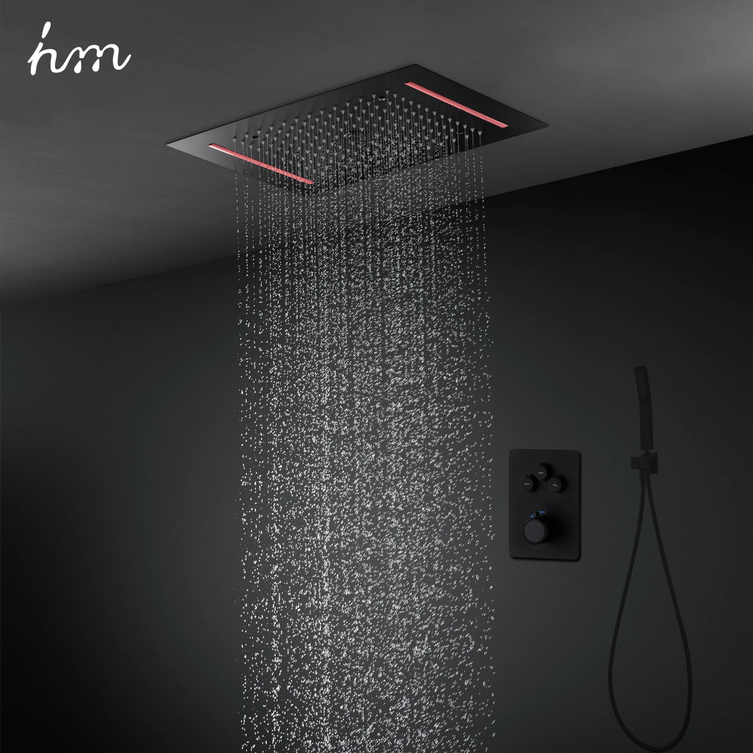 

hm High Quality Ceiling Black LED Shower System Set Column Rainfall Shower Head Panel Touch Button Thermostatic Mixer Faucet Kit