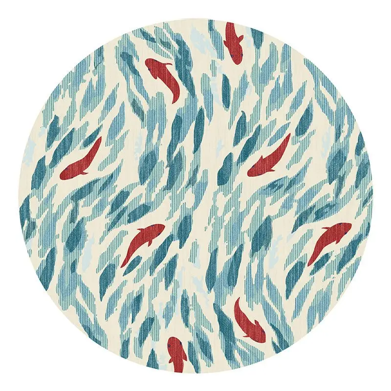 VIKAMA Chinese Style Red Koi Fish Round Rug Water Ripple Texture Circular Carpet Non Slip Living Room Tea Table Decor Floor Mat