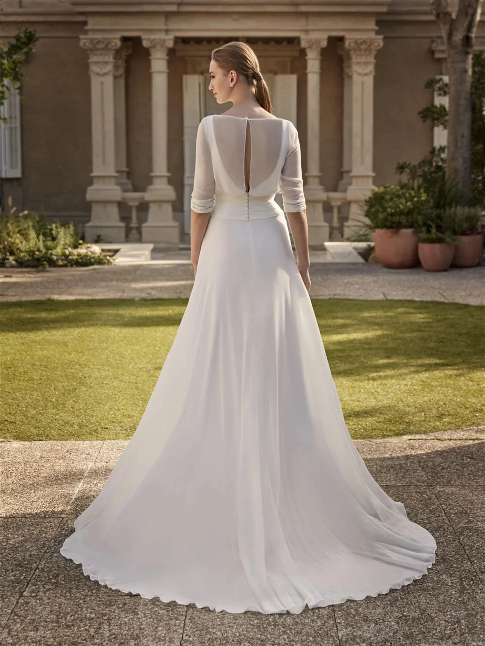 ชุดแต่งงานสไตล์โบฮีเมียนชายหาด สวยสง่างาม เรียบง่าย ผ้าชีฟอง ชุดเจ้าสาวแขนสั้น ปรับแต่งได้ เปิดหลัง JEHETH