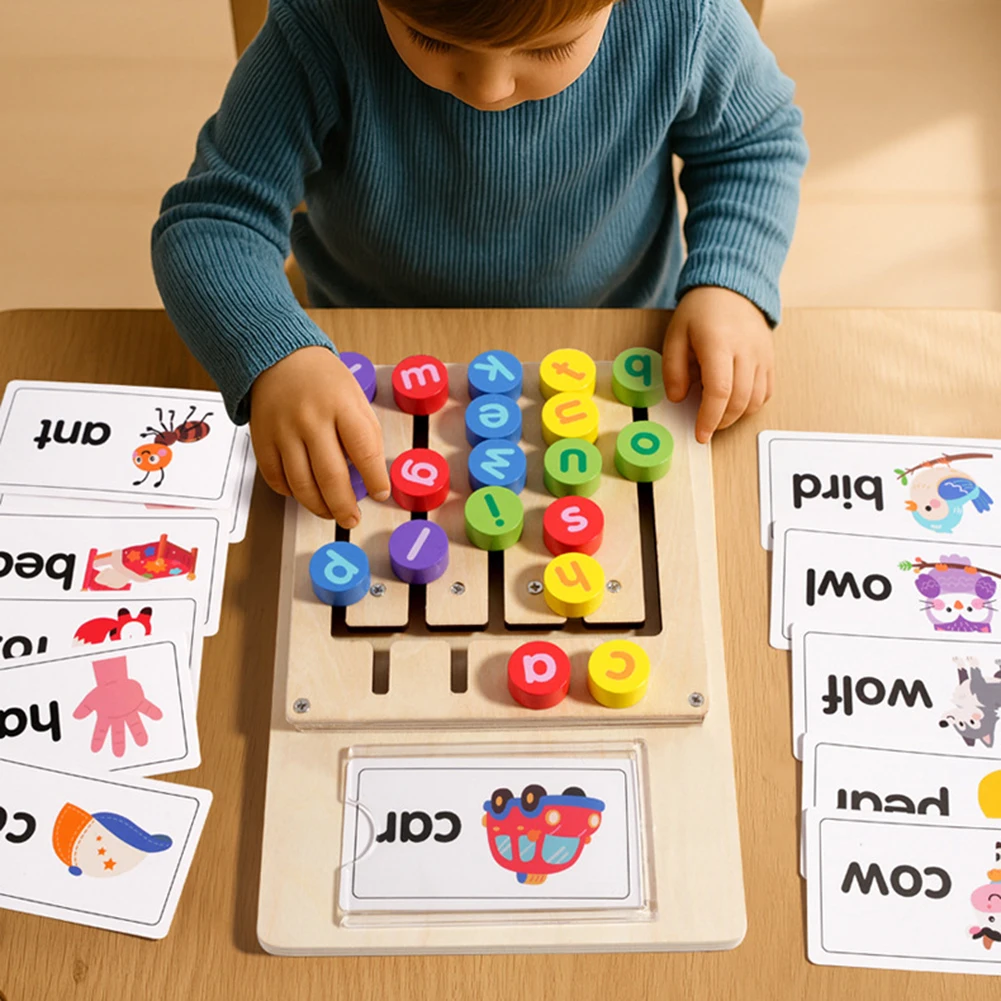 Wooden Word Spelling Games with Word Flash Card Montessori Educational Learning Toys Present for Preschool Kindergarten