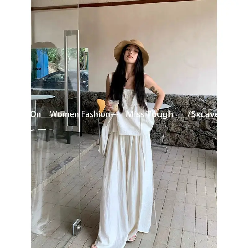 Beach Style Solid 2 Piece Set Women Elegant Casual Loose Thin Sleeveless Vest and Wide Leg Pants Casual Pants Suits Office Lady