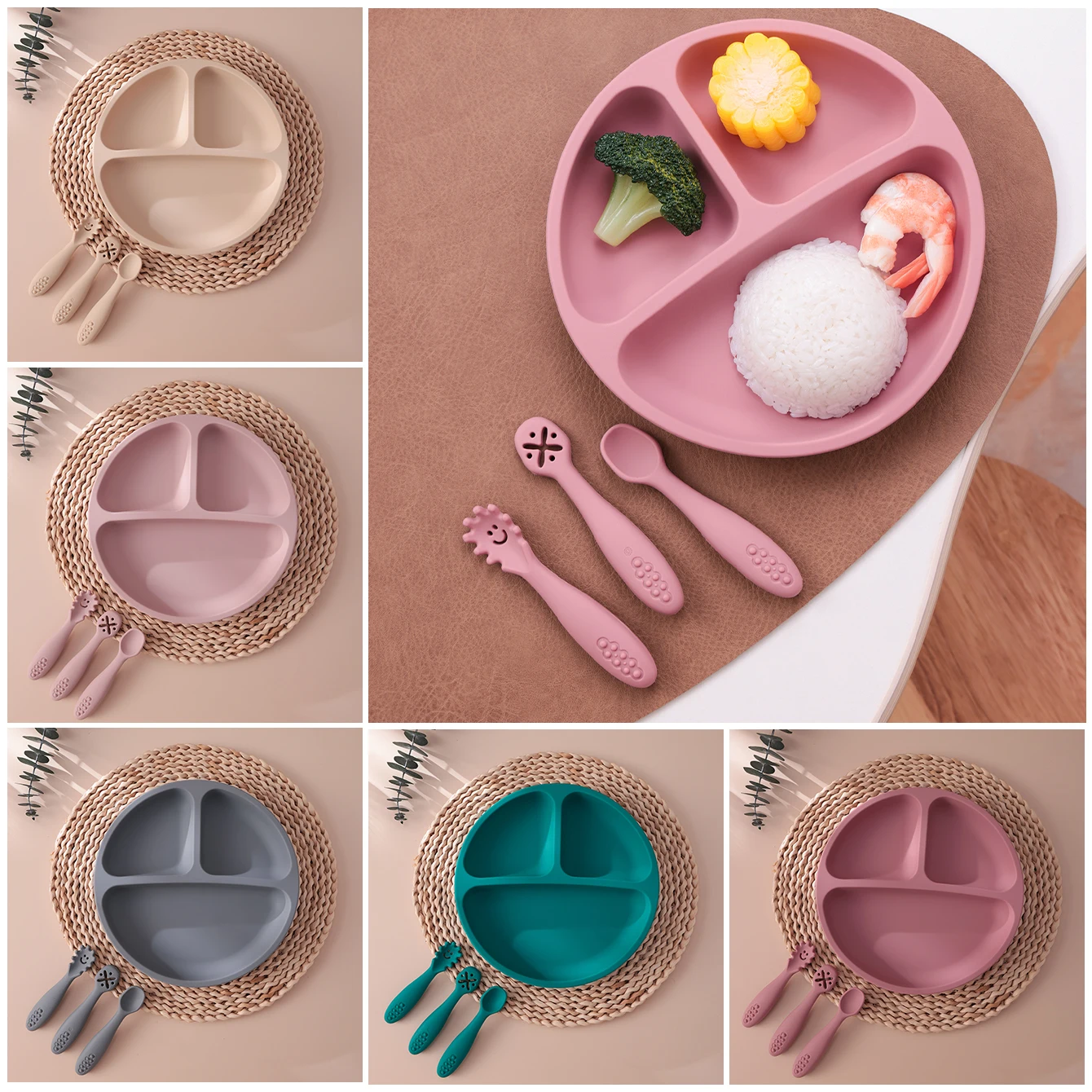 Color Kids 4PCS Silicone Baby Feeding Set BPA Free Suction Plate Training Utensils Easy Clean Toddler Tableware Dish Spoon Fork