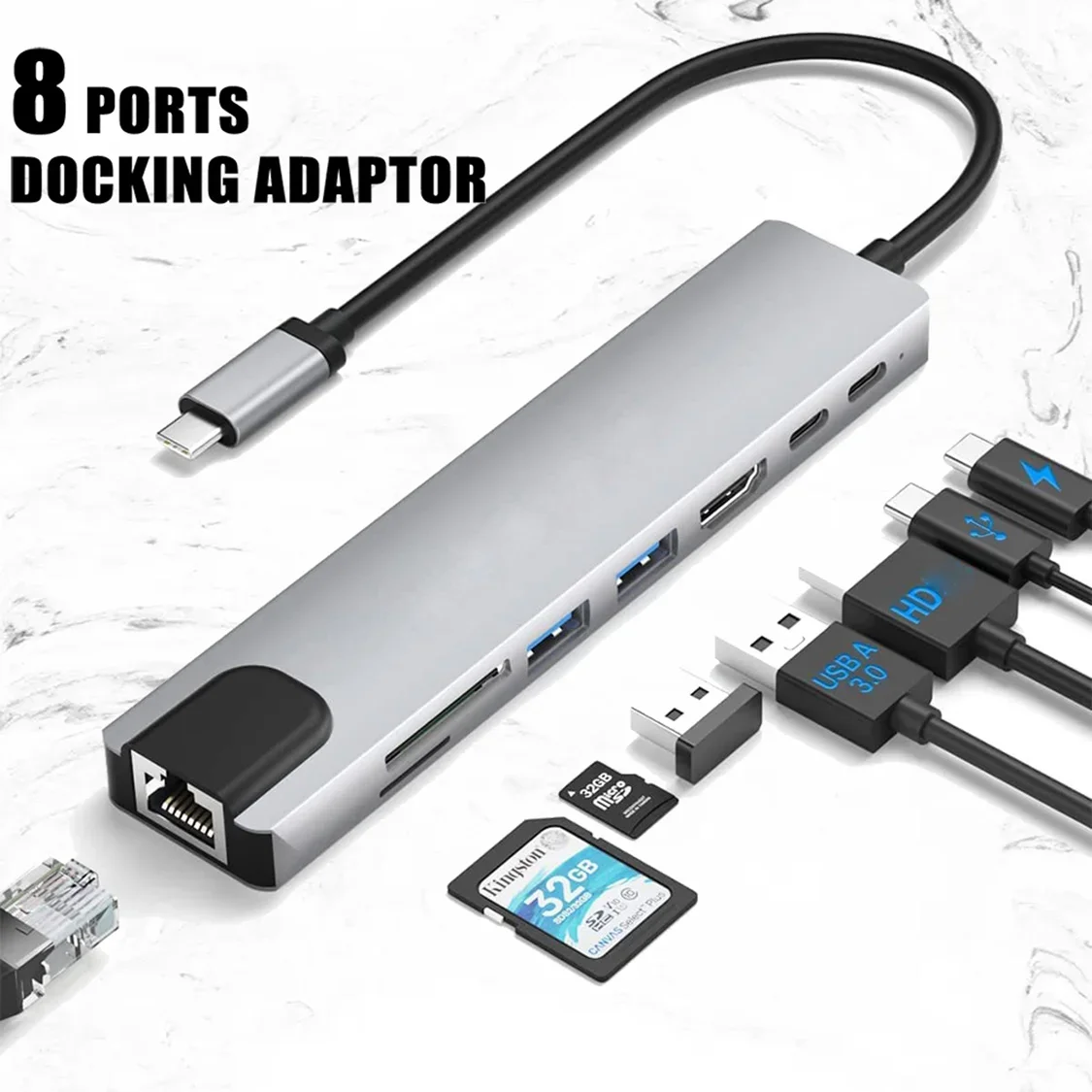 USB C Hub for Macbook 8 In 1 Adapter PC PD Charge 8 Ports Dock Station RJ45 HDMI-Compatible TF/SD Card Macbook Type-C Splitter