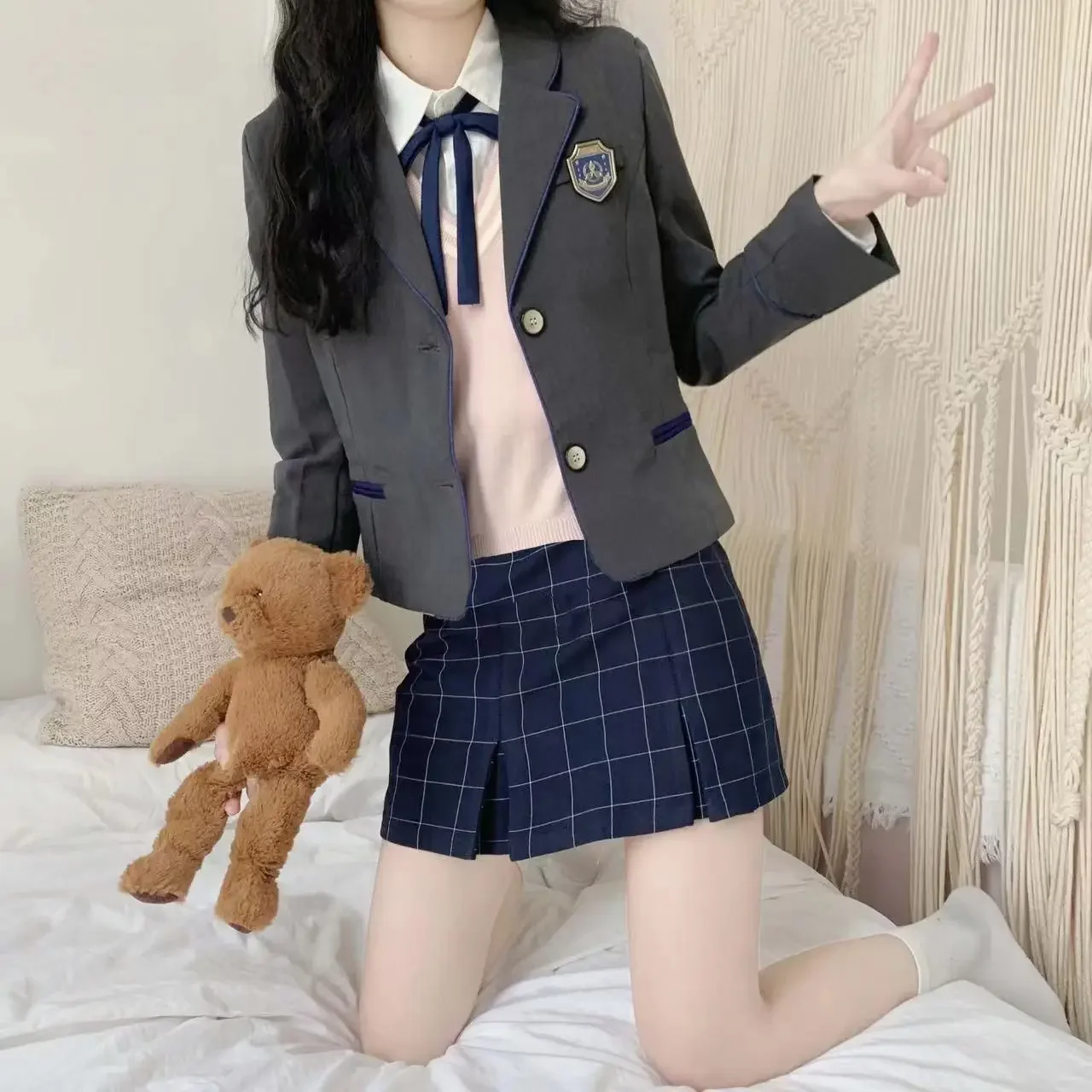 Preppy Suit Autumn And Winter Japanese Korea JK Pink Suit Jacket Knitted Vest Sweater Women Daily Improved Jk Uniform Set