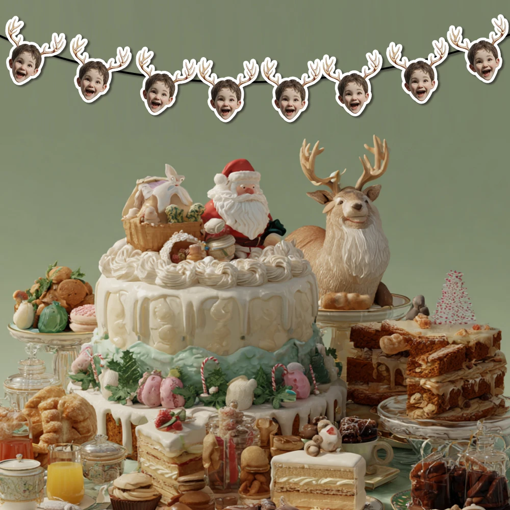 Customized Christmas Party Decoration Cute Antlers Pattern Face Photo Paper Banner Gift Stickers and Cake Plugin Straw Set