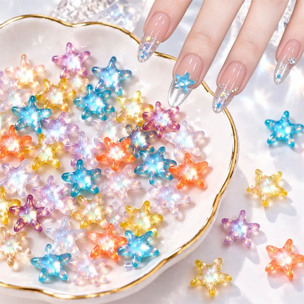 50pcs 3D Cute Aurora Stars Nail Rhinestones Ice Transparent Colorful Starfish Nail Charms 10*11cm Resin Manicure Accessories S@7