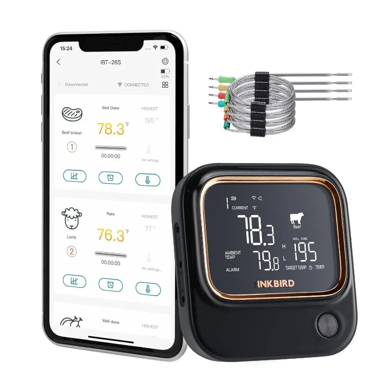 

IBT-26S Bluetooth Wi-Fi BBQ Thermometer, with 4 Food-Grade Probes, APP Control, USDA Meat Presets, Temperature Alarm and