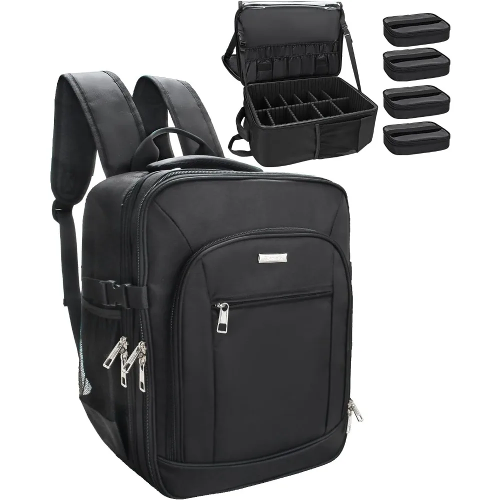 Professional Makeup Artist Backpack Extra Large Cosmetic Bag Travel Case Double Layer Storage Organizer with 4 Pouch Black