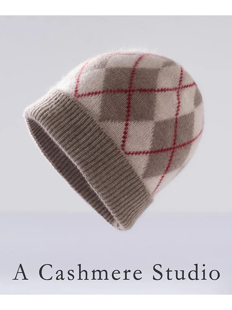 

High-Puality 100% Cashmere Knitted Hats in Autumn And Winter, Plaid Padded Pullover hats, Casual Fashion, Outdoor Warmth And uni