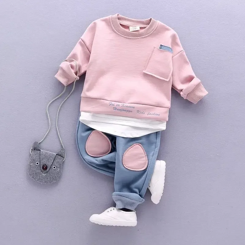 Traje de algodón de manga larga para niños, Camiseta con bolsillo para bebé, conjuntos de pantalones, ropa deportiva informal para niño, primavera y