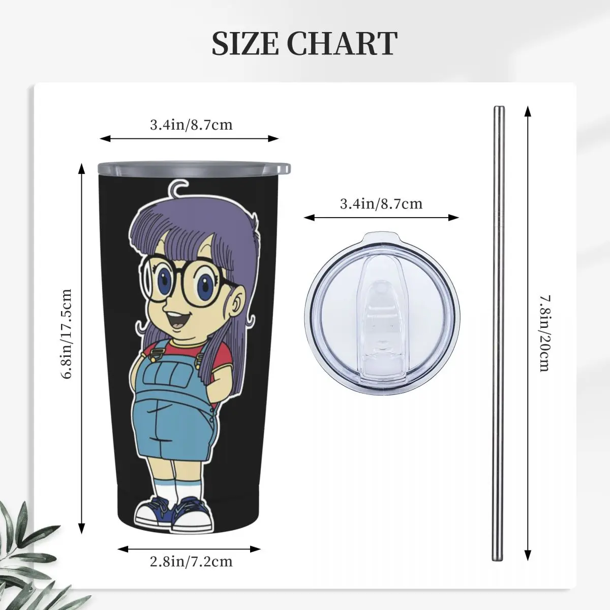 Arale Dr.Slump Stainless Steel Tumbler Vacuum Insulated Mug Thermal Cold Cup Straws With Lid 20oz