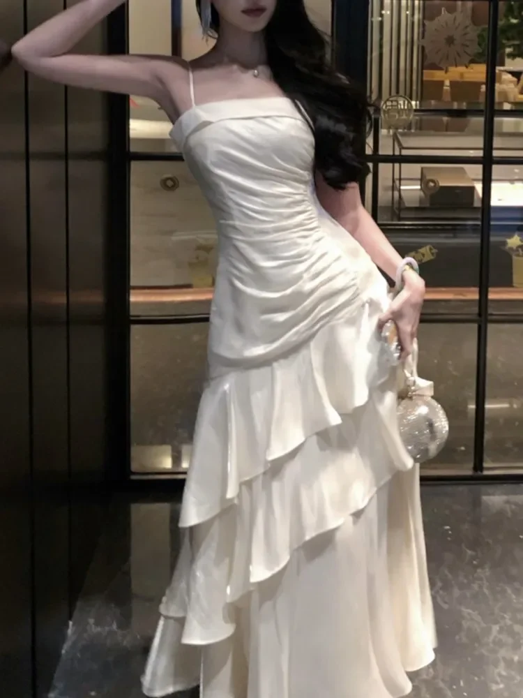 Elegante babados estilingue vestidos de sereia feminino vestido de baile sólido zíper em camadas vestido de ombro 2025 verão chique novos vestidos