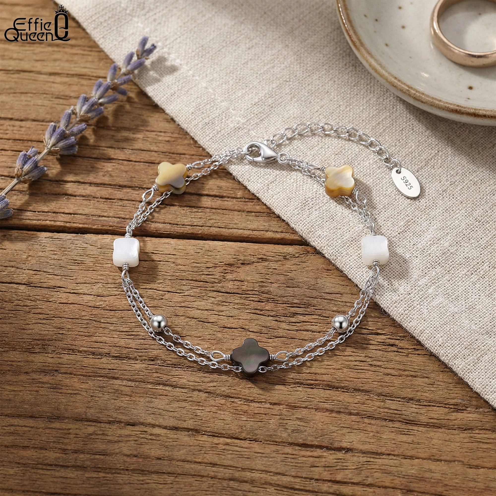 EFFIE QUEEN 925 Pure Silver 14k Gold Four Leaf Clover Chain Bracelet Lucky Jewelry for Women, Men Banquet Birthdays Gift GMB66