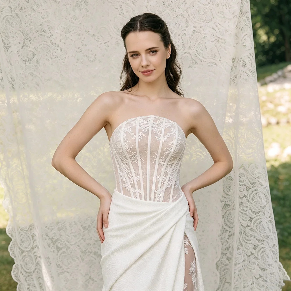 Elegant Strapless Lace Corset Bridal Gowns Customized High Split Ivory Long Train Ruched Elastic Crepe Ivory Wedding Dress