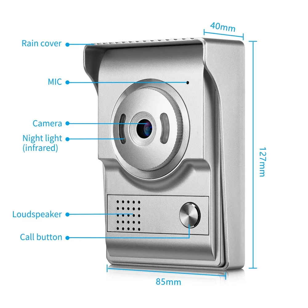 Timbre intercomunicador de vídeo de 7 pulgadas, cámara gran angular de 1000TVL, soporte de teléfono para puerta, videollamada con una tecla para