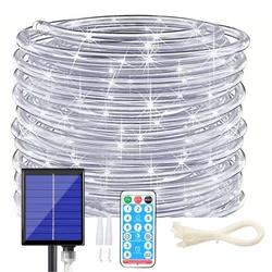 Solar Outdoor Rope Light, tubo alimentado grande, controle remoto, Timer String Lights, 8 modos, 1 rolo, 100LEDs, 200LEDs