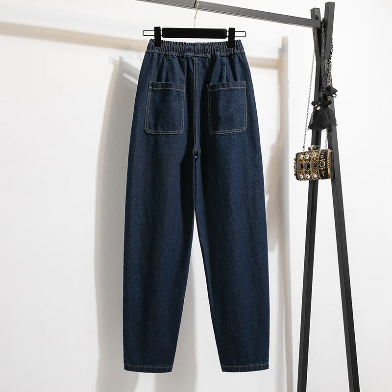 Pantalones vaqueros nuevos para mujer, diseño de correa de cintura elástica, talla grande, estilo primavera otoño, holgados, ajustados, pantalones vaqueros azules, cintura alta Retro