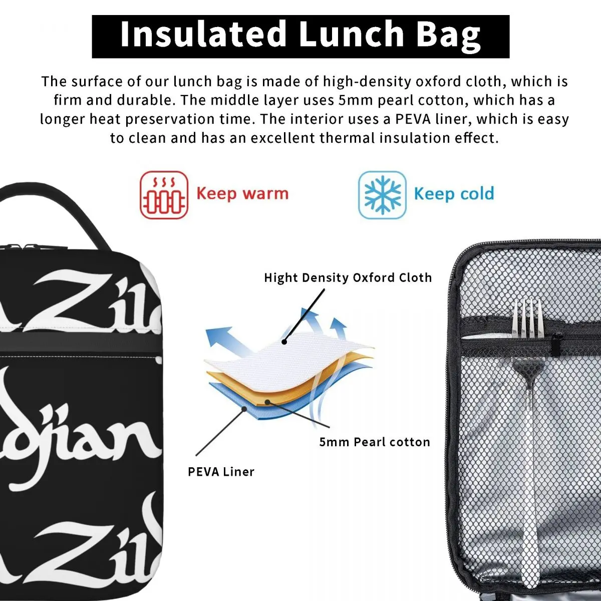 Zildjian bolsa de almuerzo aislada con logotipo, bolso de mano para alimentos