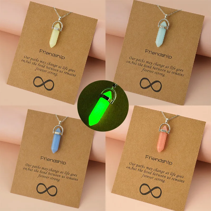 Luminous Natural Stone Bullet Pendant Necklace Dainty Hexagonal Prism Shaped Glowing In Dark Jewelry For Women Ladies