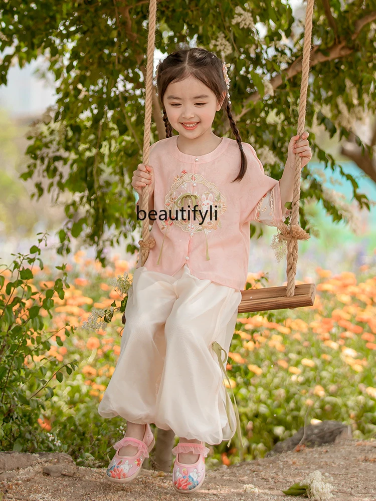 Girls' Hanfu Summer New Chinese Style New Chinese Style Suit Two-Piece Suit