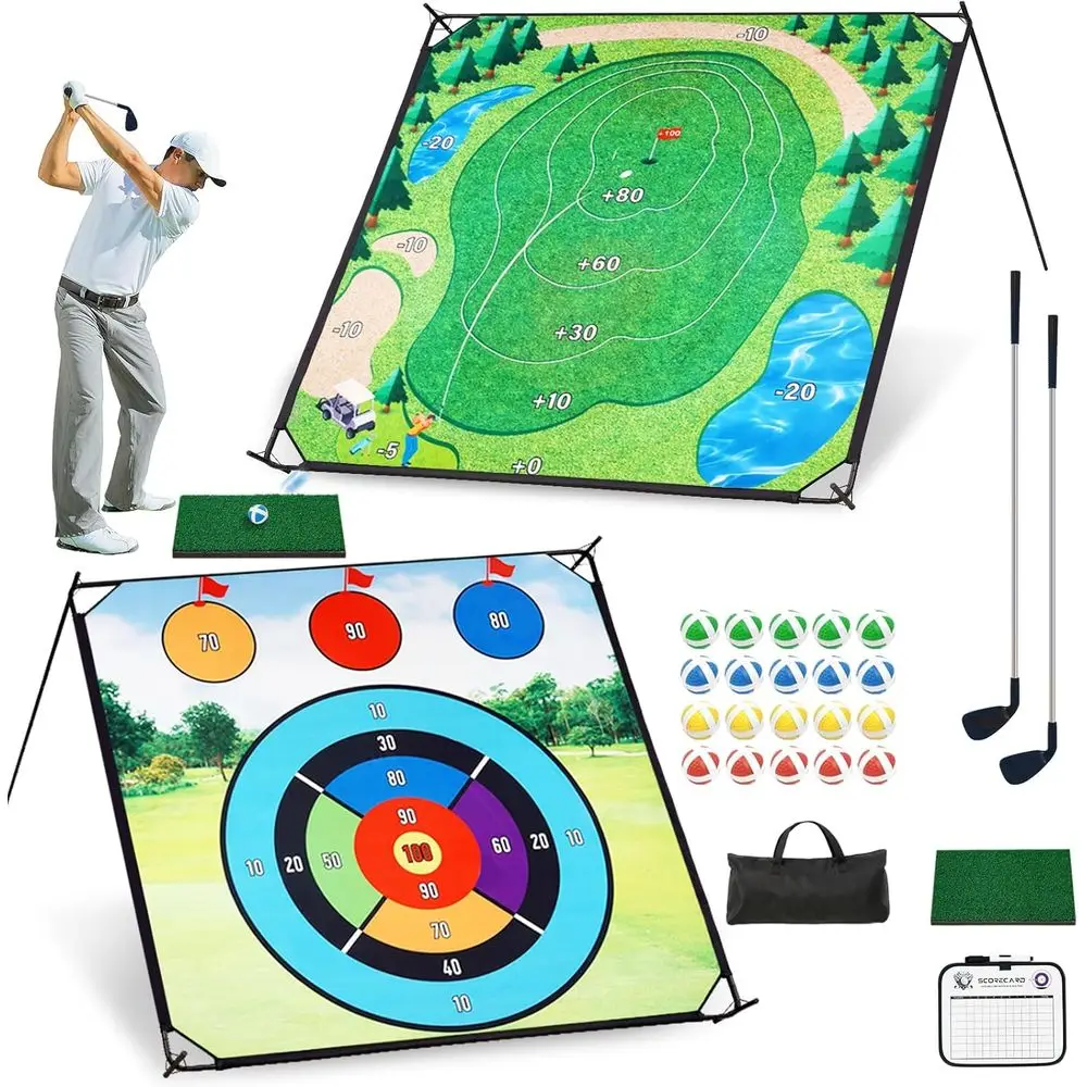 

Двусторонний коврик для тренировок по гольфу с 2 клюшками и 20 мячами для использования в помещении или на улице