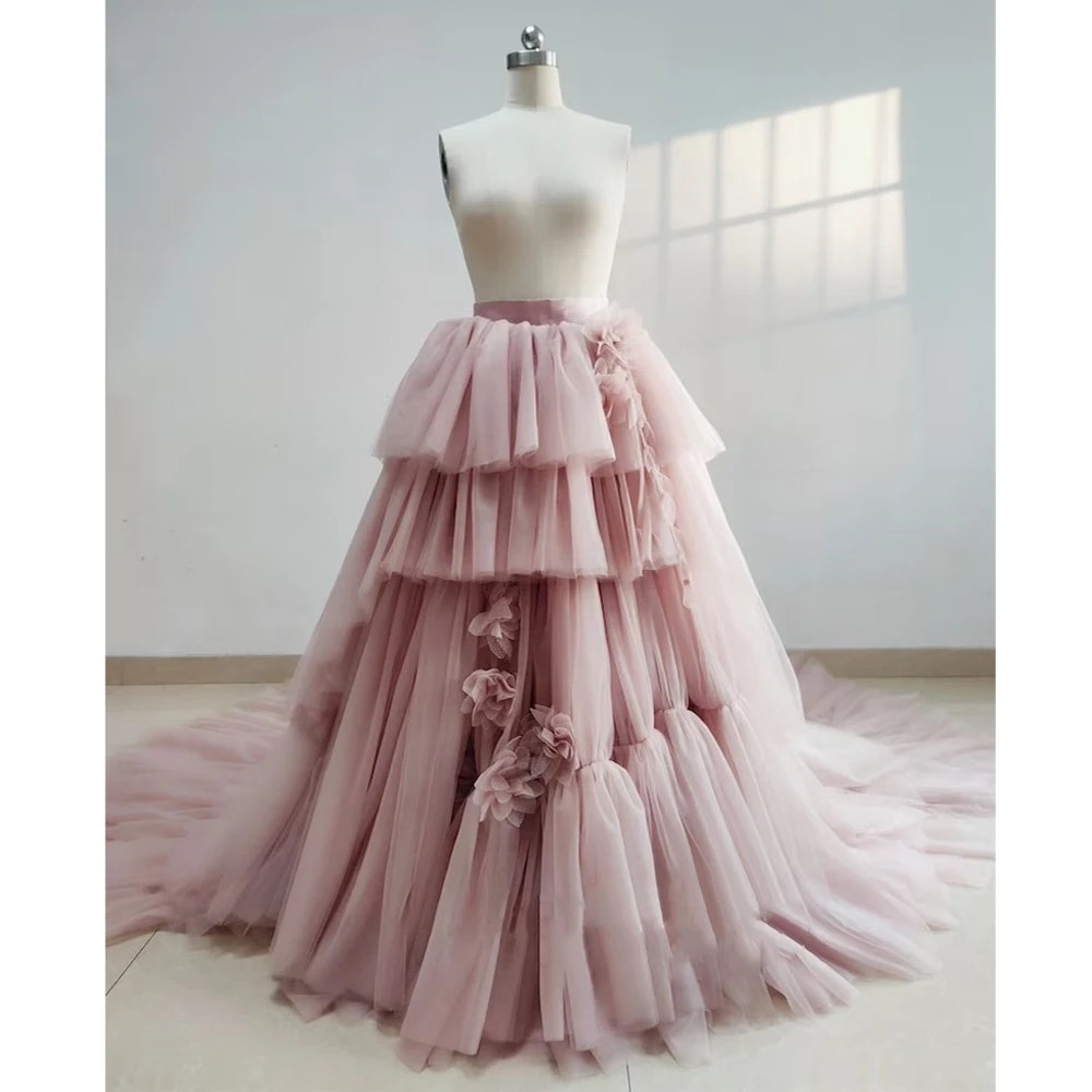 New Design Mauve Pink Bridal Skirt Long Train Tiered Tulle Wedding Skirt with 3D Hand Flowers Bride Photoshoot Skirts Party Gown