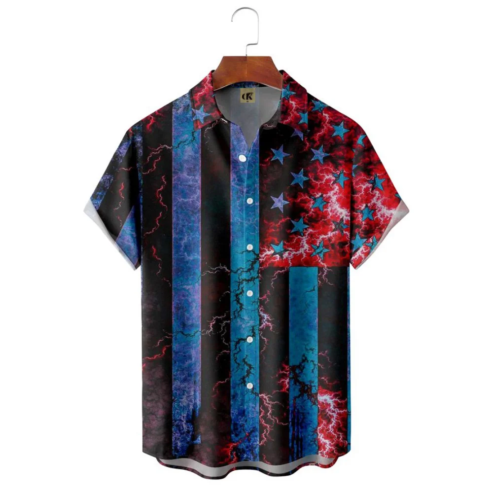 2023 New Large Size Hawaiian Shirt Men\'S American Flag Element Design Trend Lapel Button Top Classic Fashion Short Sleeves Shirt