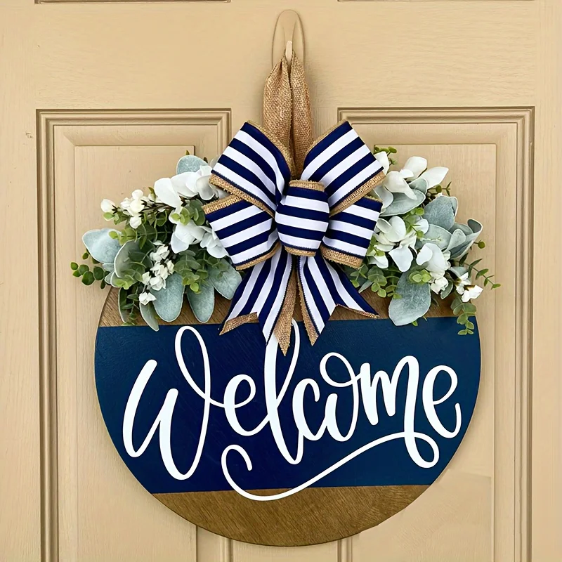 

"Welcome" door wreath, front door sign, front door decoration wreath, housewarming gift, decor, round wood plank wreath, yard a