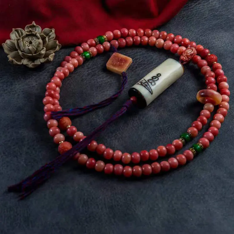 High-Density Blood-Colored Camel Long String Of 108 Buddhist Beads, Vintage -Carved Pendant, Multi-Strand Bone Prayer B