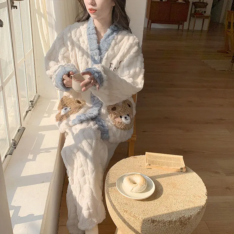 Women Coral Velvet Pajamas Winter New Fleece-lined Thickened Cartoon Bear Nightclothes Suit Thermal Flannel Female Homewear Sets